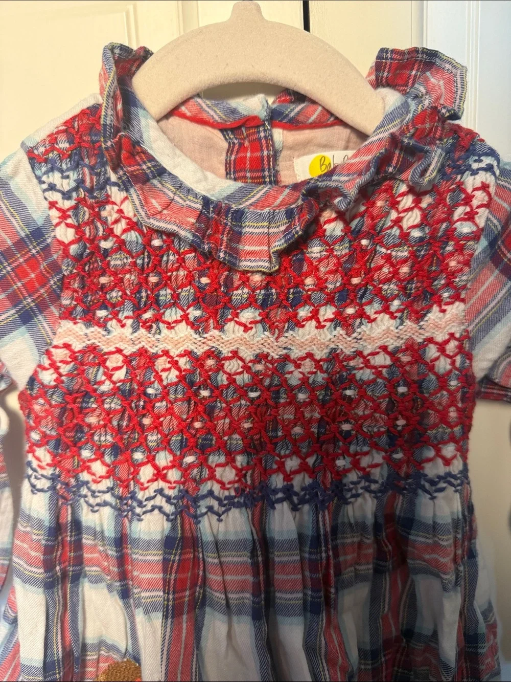 Mini Boden Red & Navy Plaid Smocked Long-Sleeve Lined Dress w/ Stitched Bird